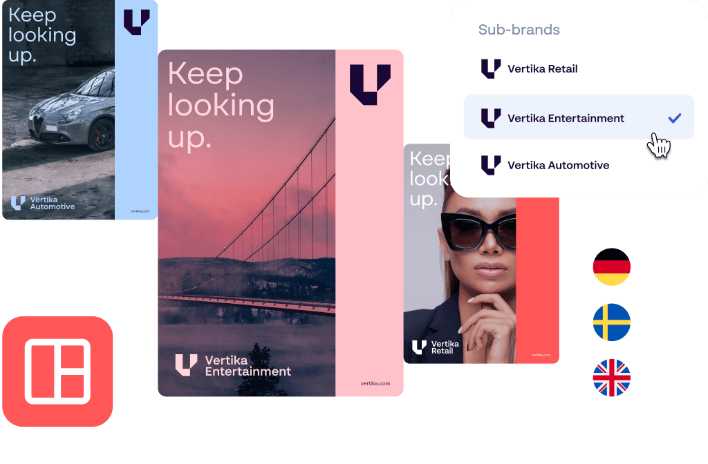 Campaign templates for Vertika sub-brands with language and region customization options selected.