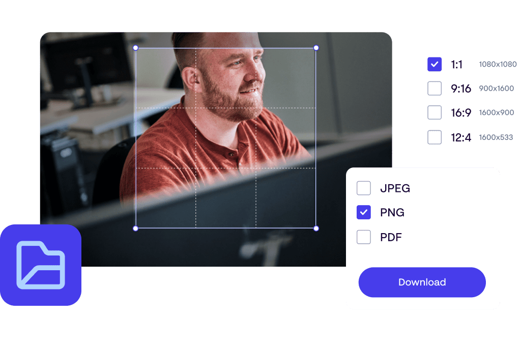 Cropping and format options shown for creating on-brand internal content with easy download settings.