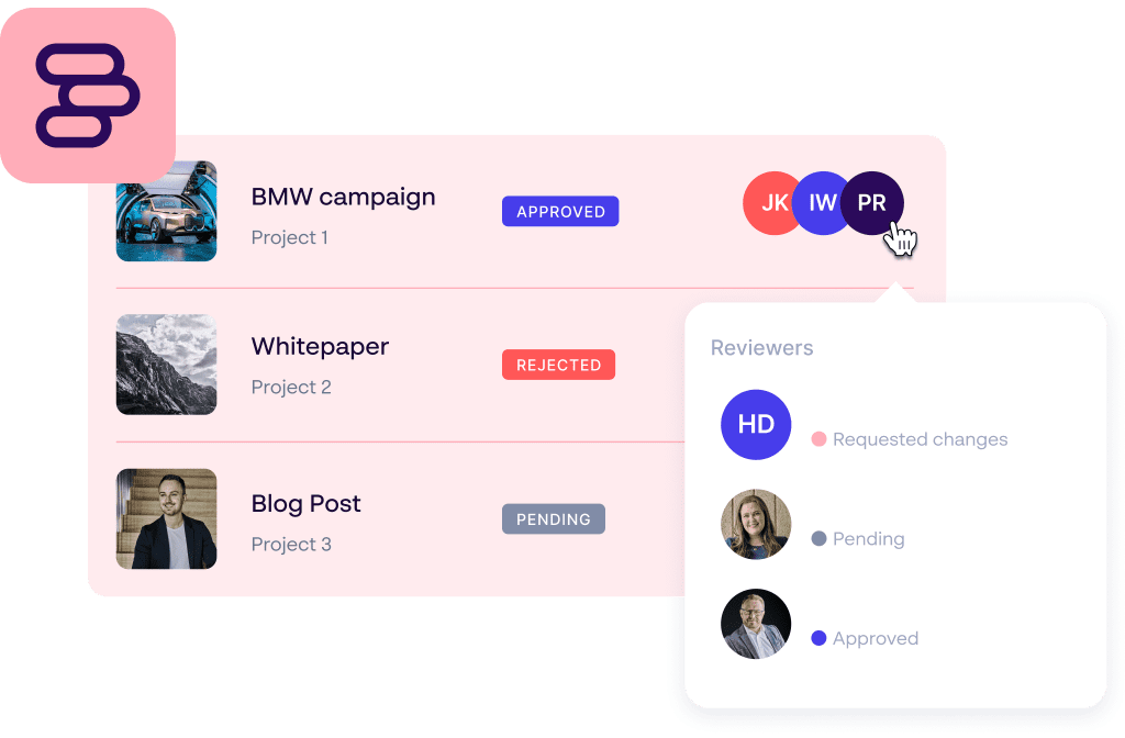 Visual of project approval stages with team avatars and reviewer statuses, emphasizing brand consistency and fast, on-brand content approvals