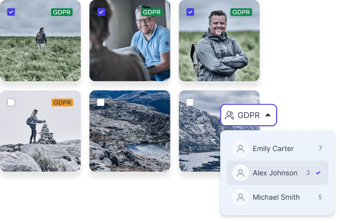 GDPR-tagged image assets filtered by individual user for compliance tracking.
