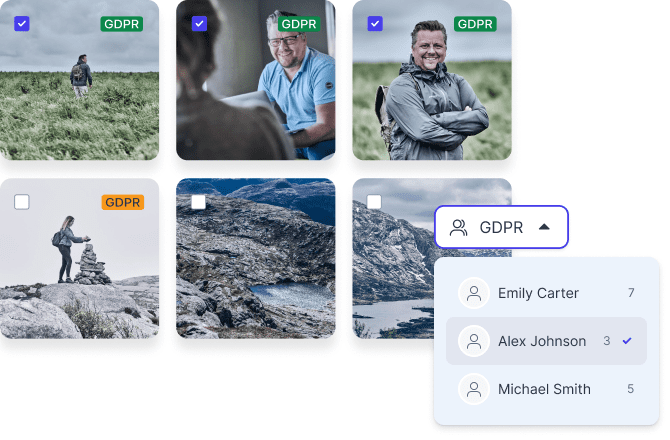 GDPR-tagged image assets filtered by individual user for compliance tracking.