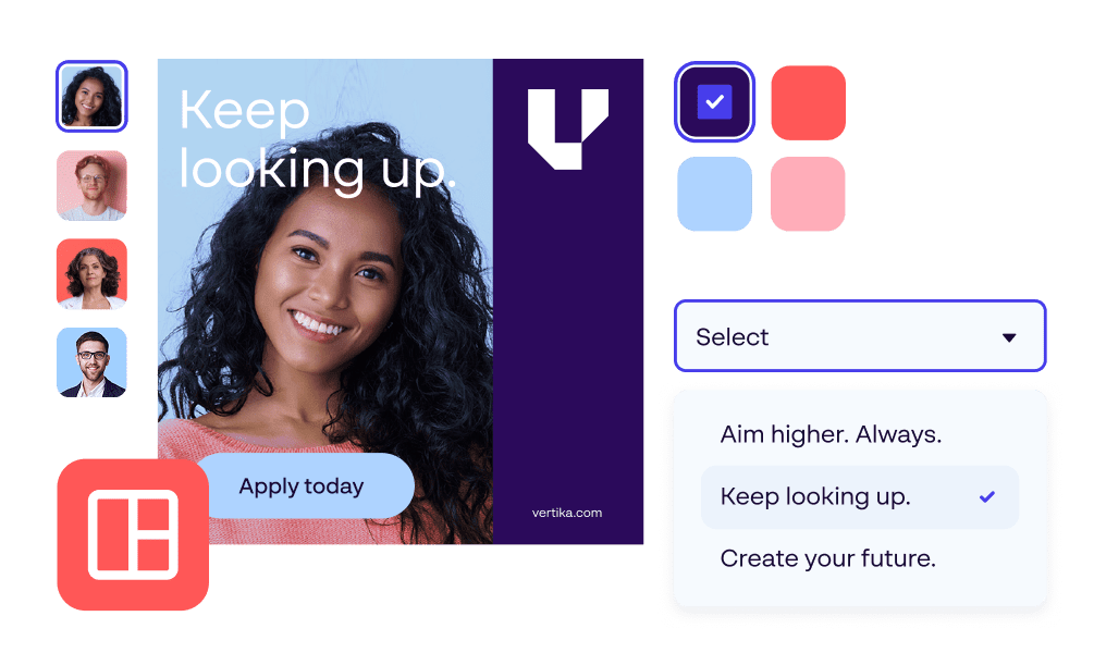 Editable recruitment template with photo, color selection, and messaging tools for employer branding content.