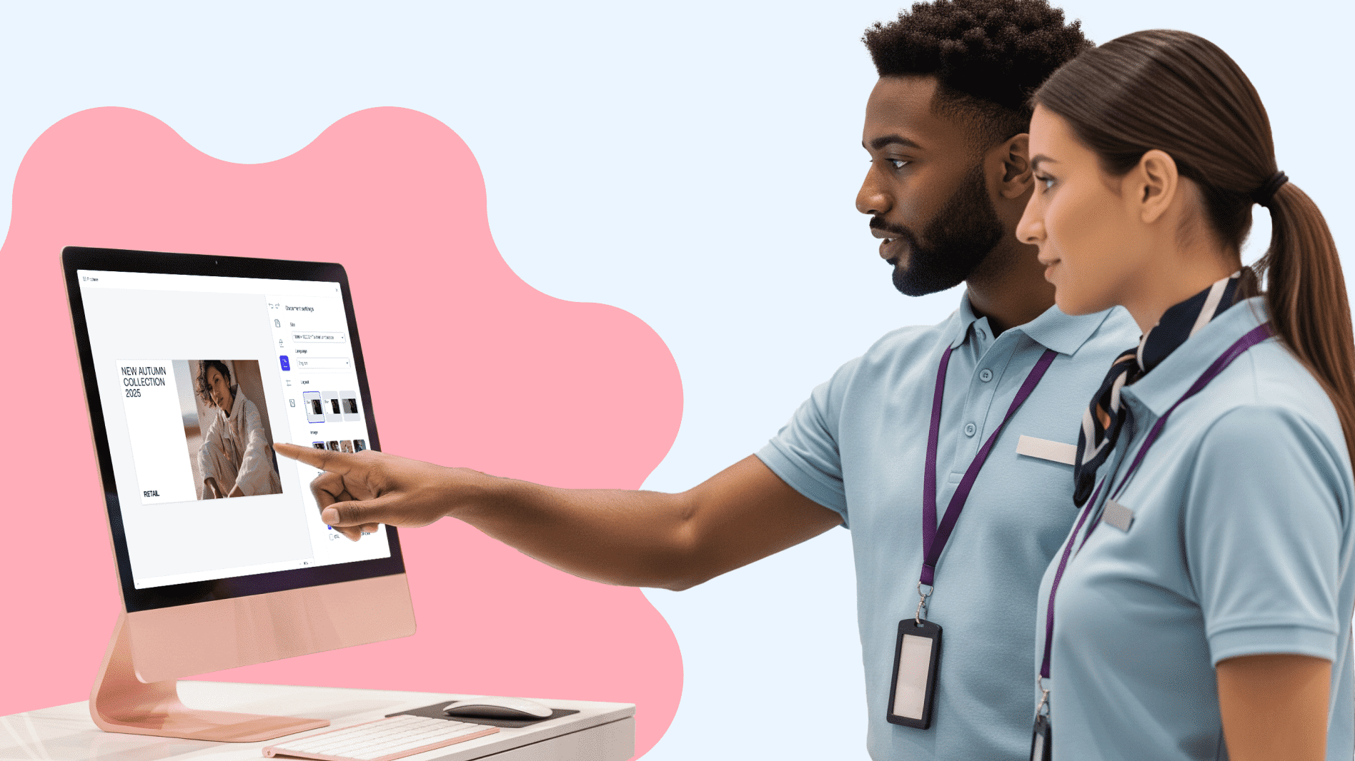 Retail employees customizing branded content on screen, representing dealer enablement through editable templates and localized execution.