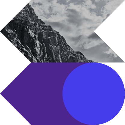 Graphic element with arrow shapes and a photo of mountains
