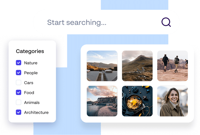 Search interface helping franchise marketing teams find approved brand assets with filters for images and categories.