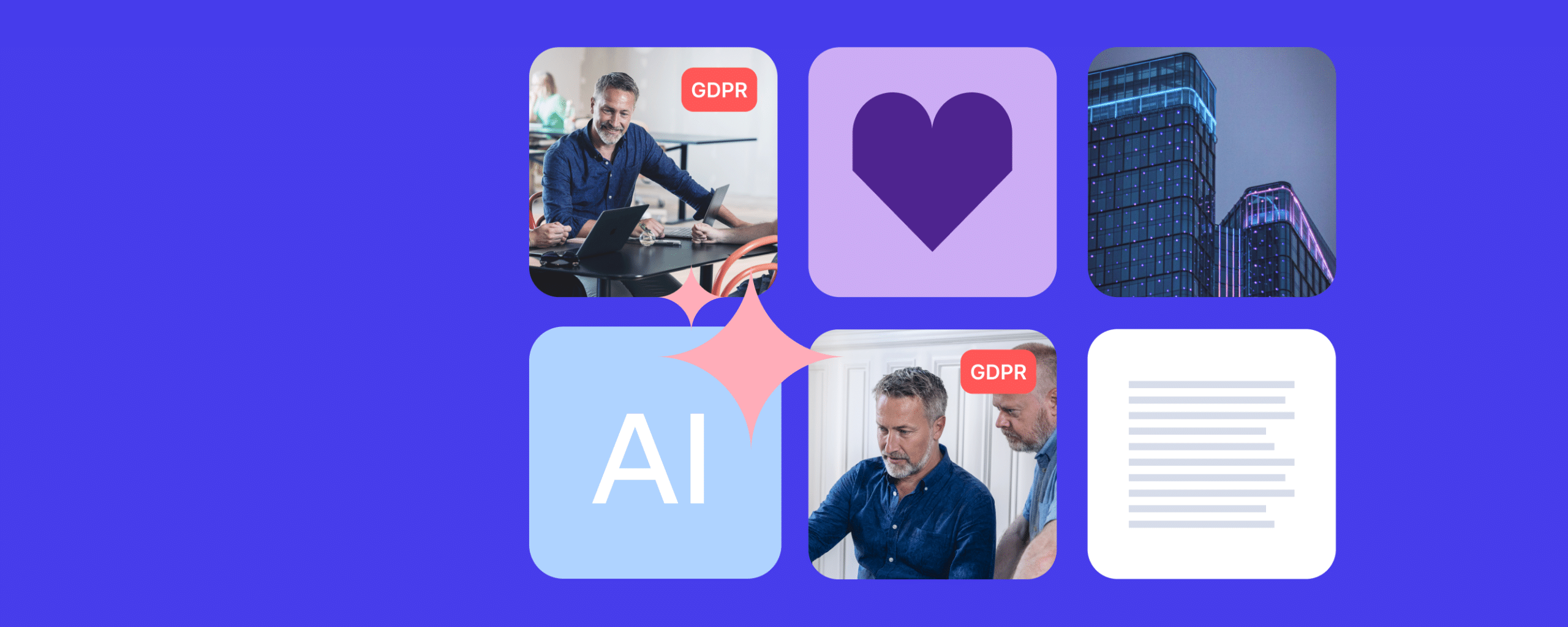 GDPR-labeled marketing assets, AI icon, and compliance documents representing controlled AI-powered content operations.